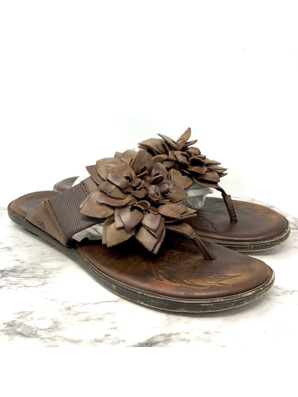 Born Astrid Brown Leather Flower Comfort Flip Flops 10 Bohemian Rustic Lagenlook